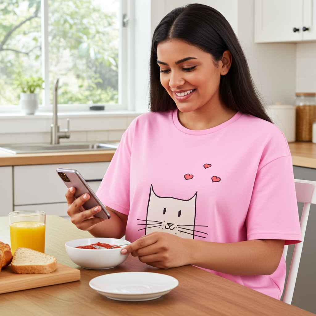 Woman in a pink t-shirt with a cat design using her phone in a kitchen.