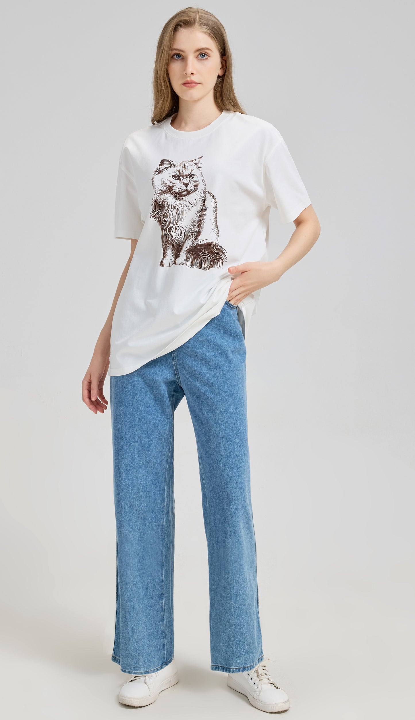 Mitty Women “Fluffy Cat” Graphic Tee Cozy meets character