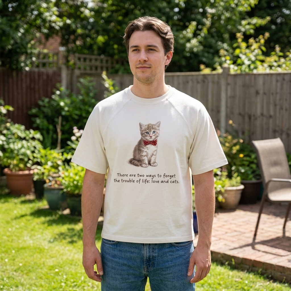 Man wearing a t-shirt with a cat graphic and text in a garden setting