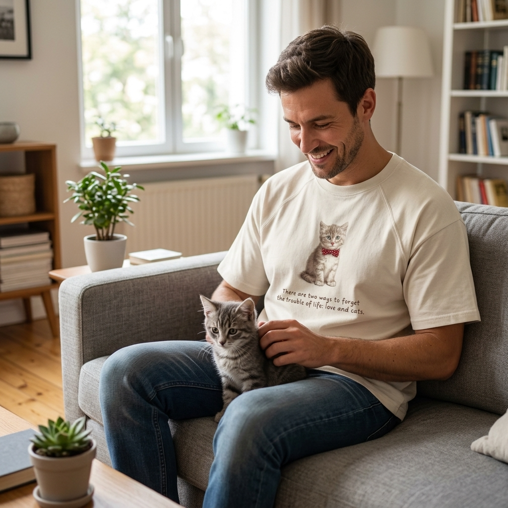 Man sitting on a couch with a cat in a cozy living room, wearing a cream color tee with a cat print and text.