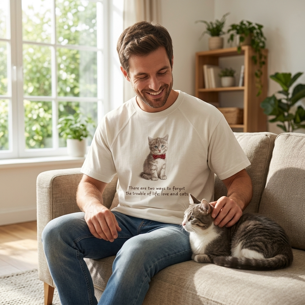 Man sitting on a couch with a cat, wearing a t-shirt with a cat graphic and text.