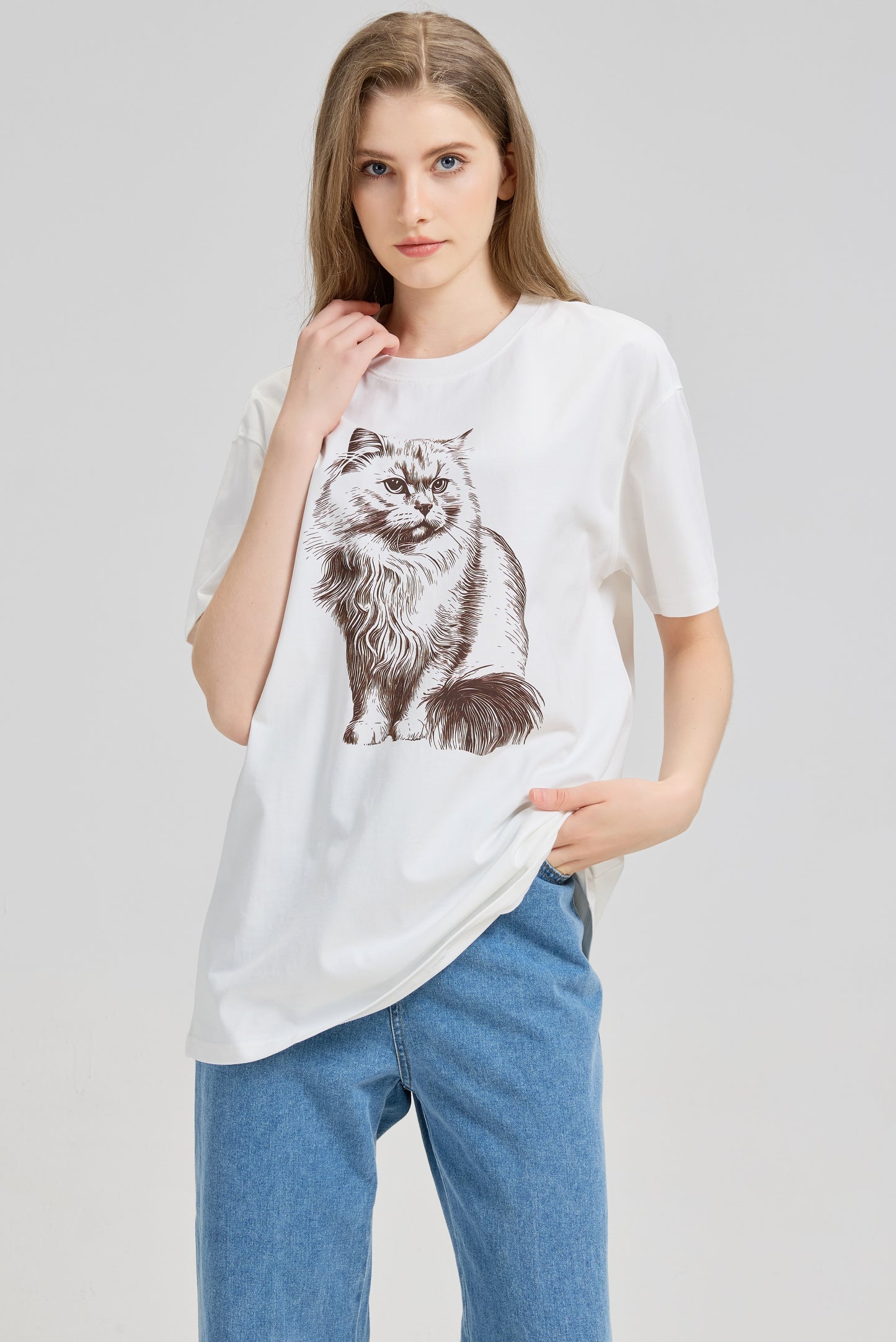 Mitty Women “Fluffy Cat” Graphic Tee Cozy meets character