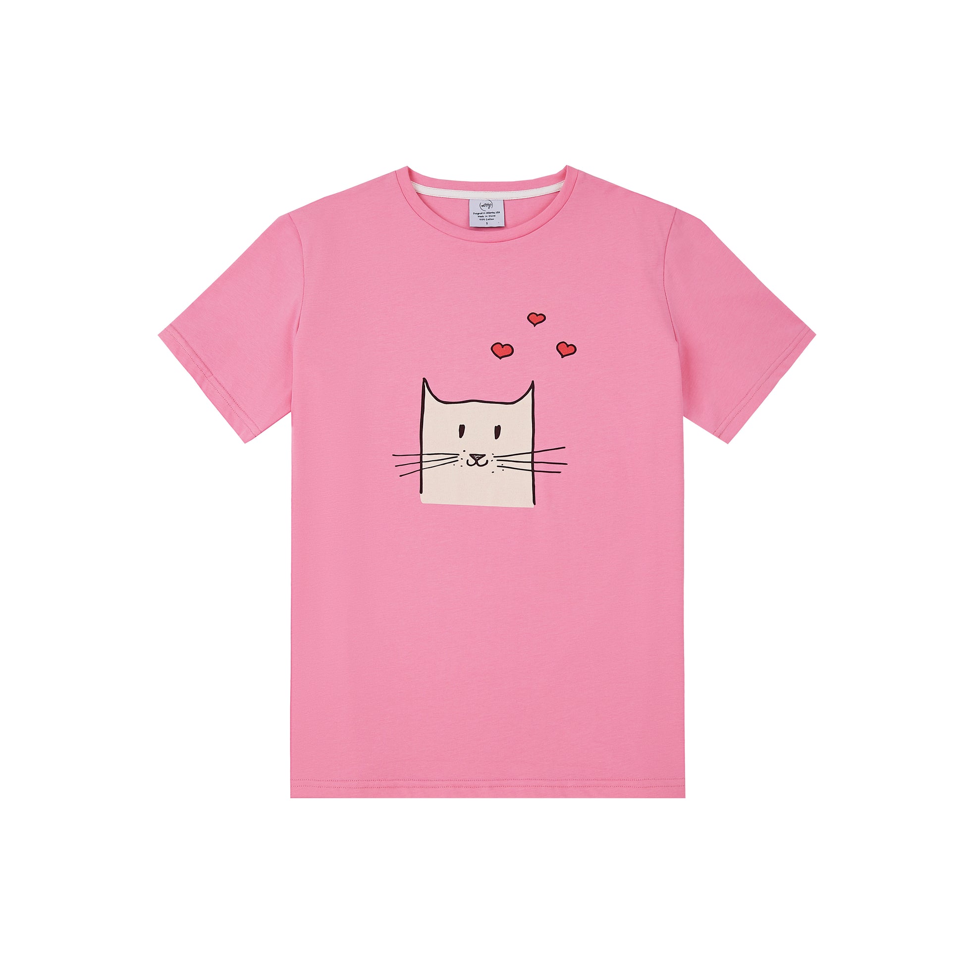 Pink t-shirt with a cat face design and hearts on a white background