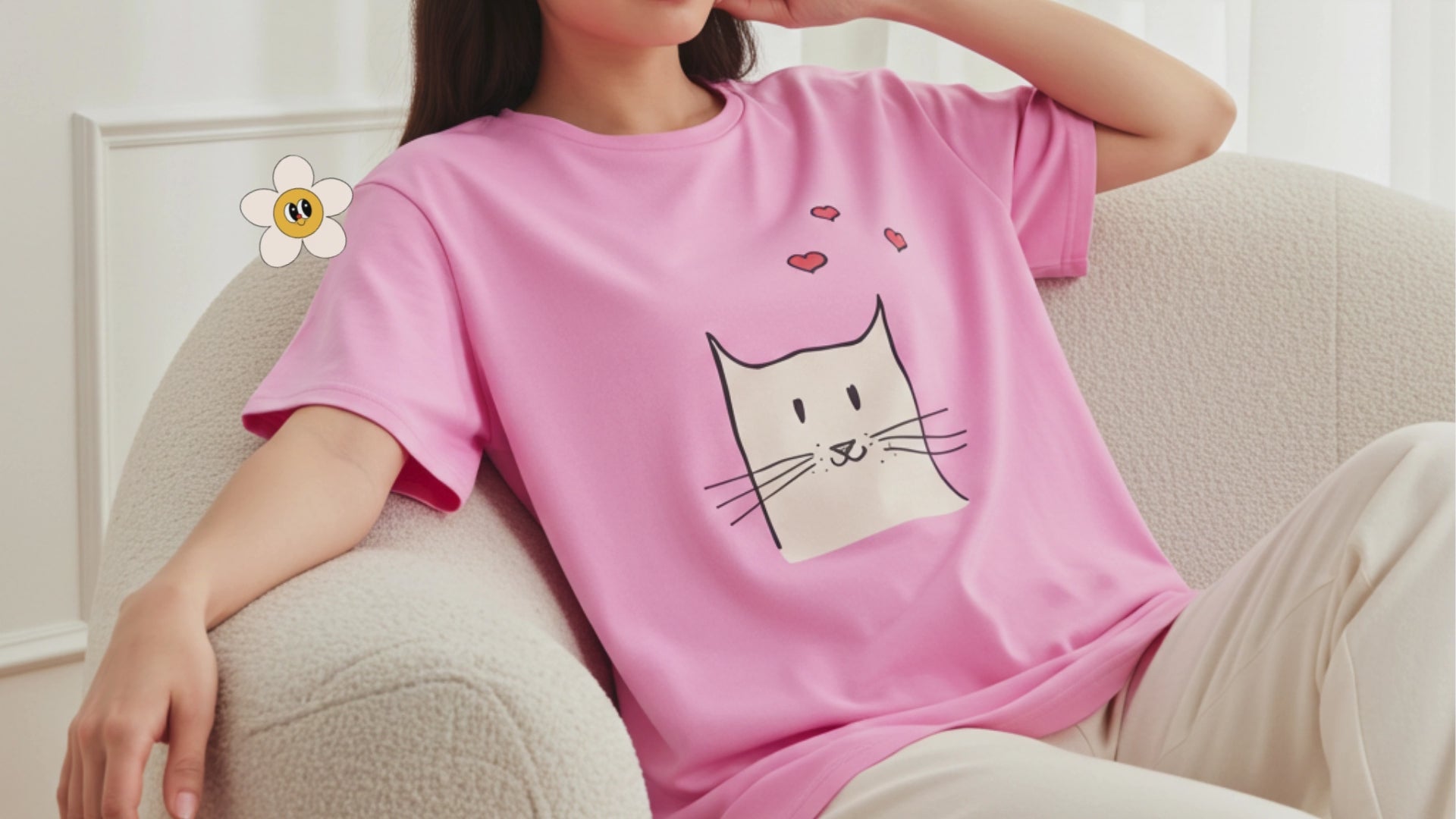 Woman wearing a pink tee with cat graphic