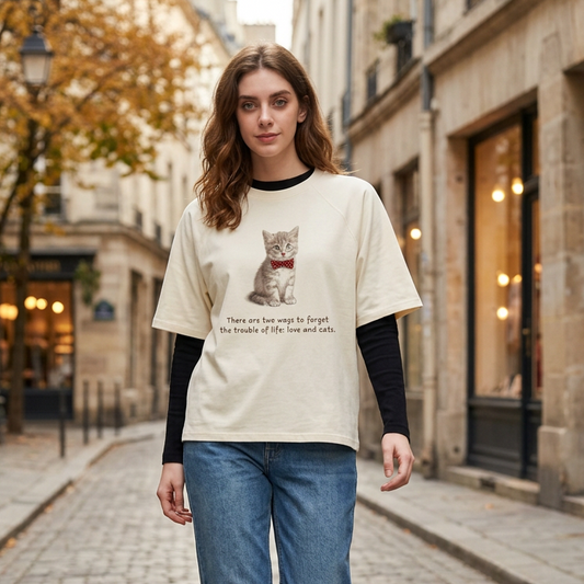 Vanilla Bow Tie tee layered over a black long-sleeve